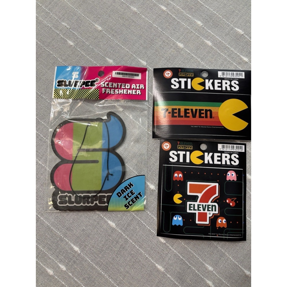 7-11 3 Piece Lot Slurpee Car/Room Freshener Dark Ice & 2 Stickers PAC MAN Retro